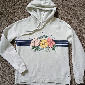 Roxy Light Gray Hoodie with Floral and Blue Stripes